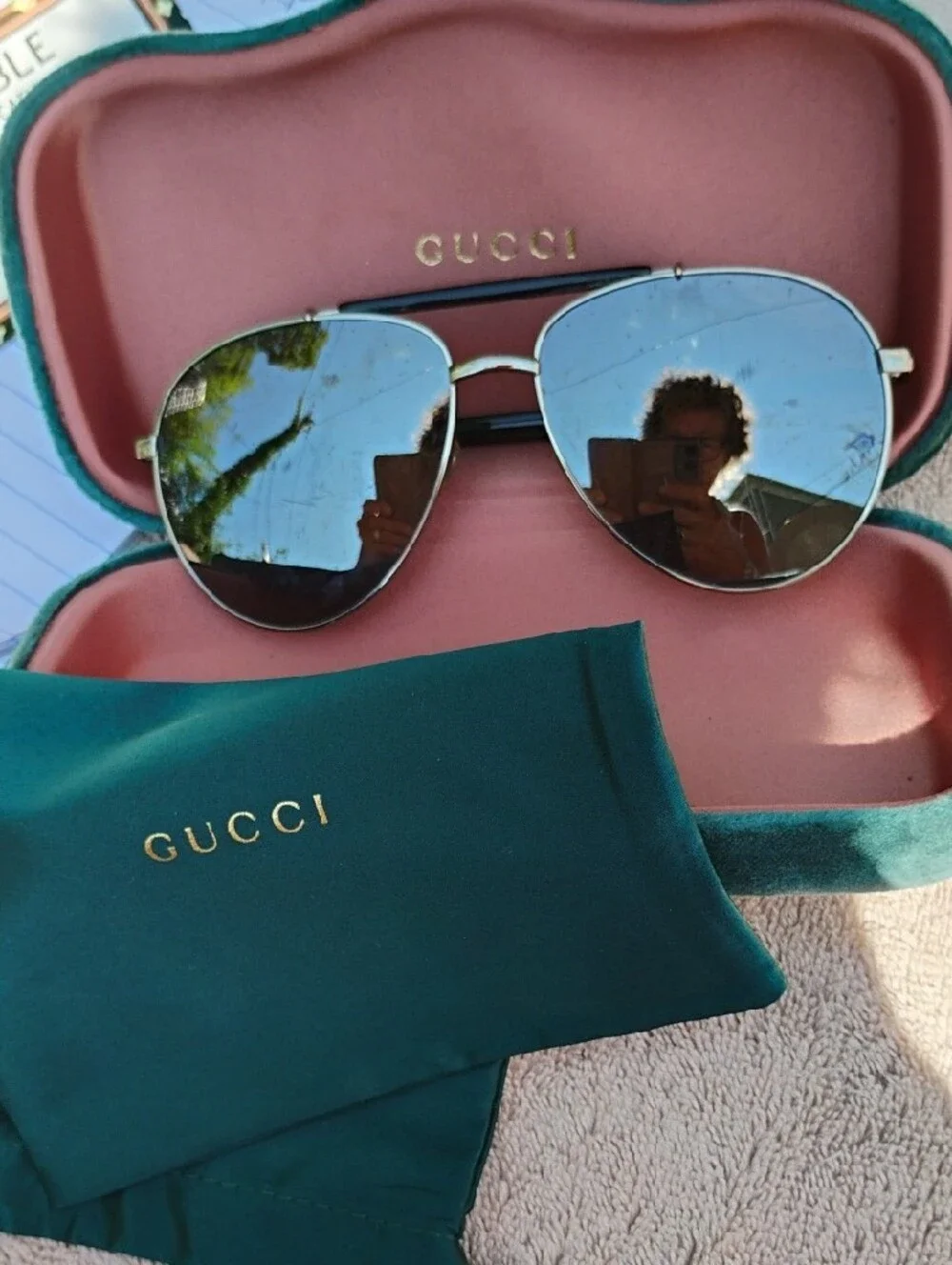 Gucci Men’s Aviator Sunglasses with Blue Mirrored Lenses and Silver Frame
